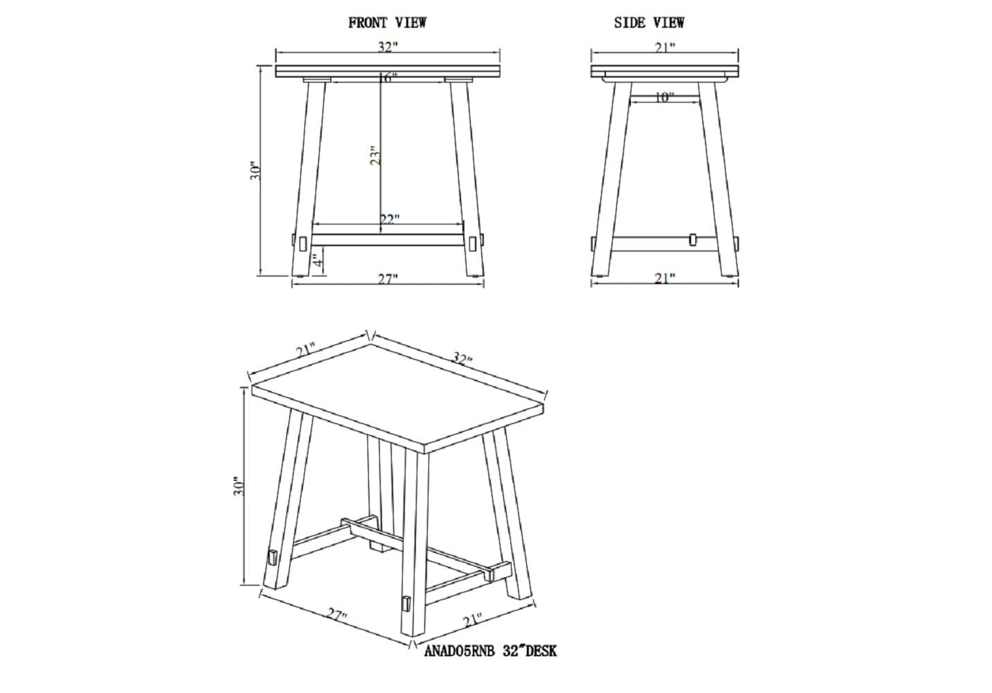 32" Small Adam Solid Wood Desk Rustic Natural - Alaterre Furniture: Industrial Sawhorse Leg, Pine Surface