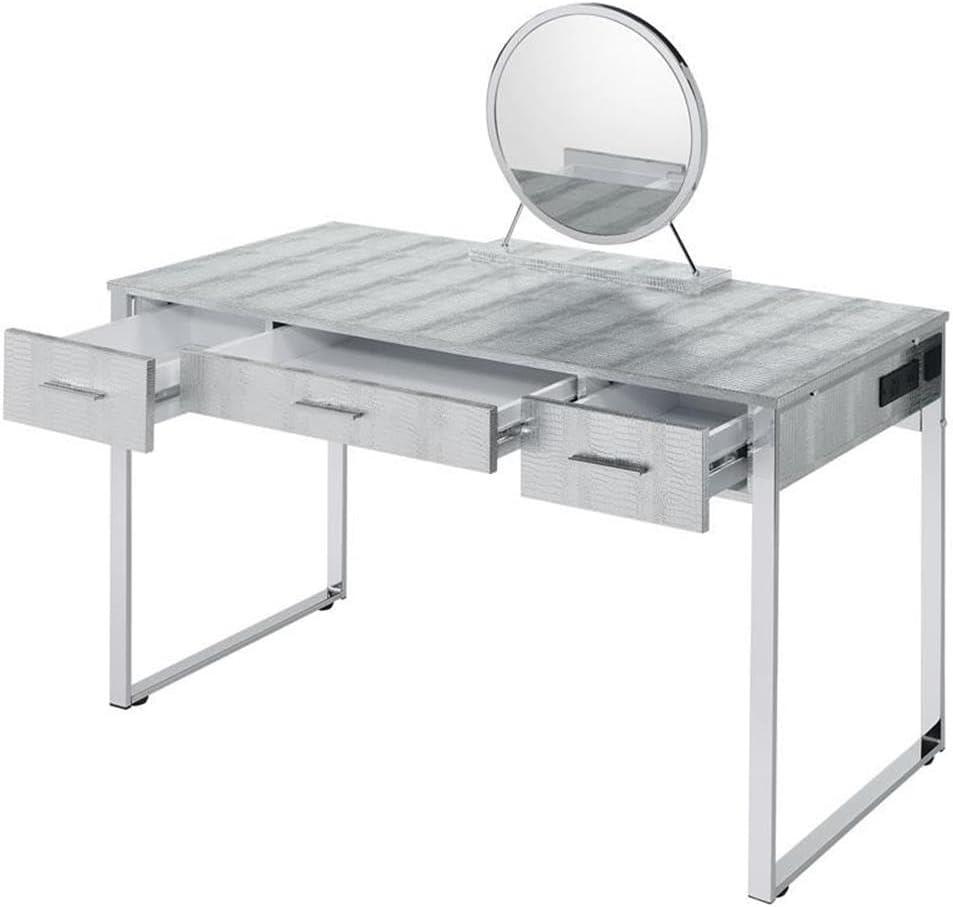 50" Myles Vanity Table Antique White, Chrome Finish - Acme Furniture: Built-in Outlet, USB, Storage