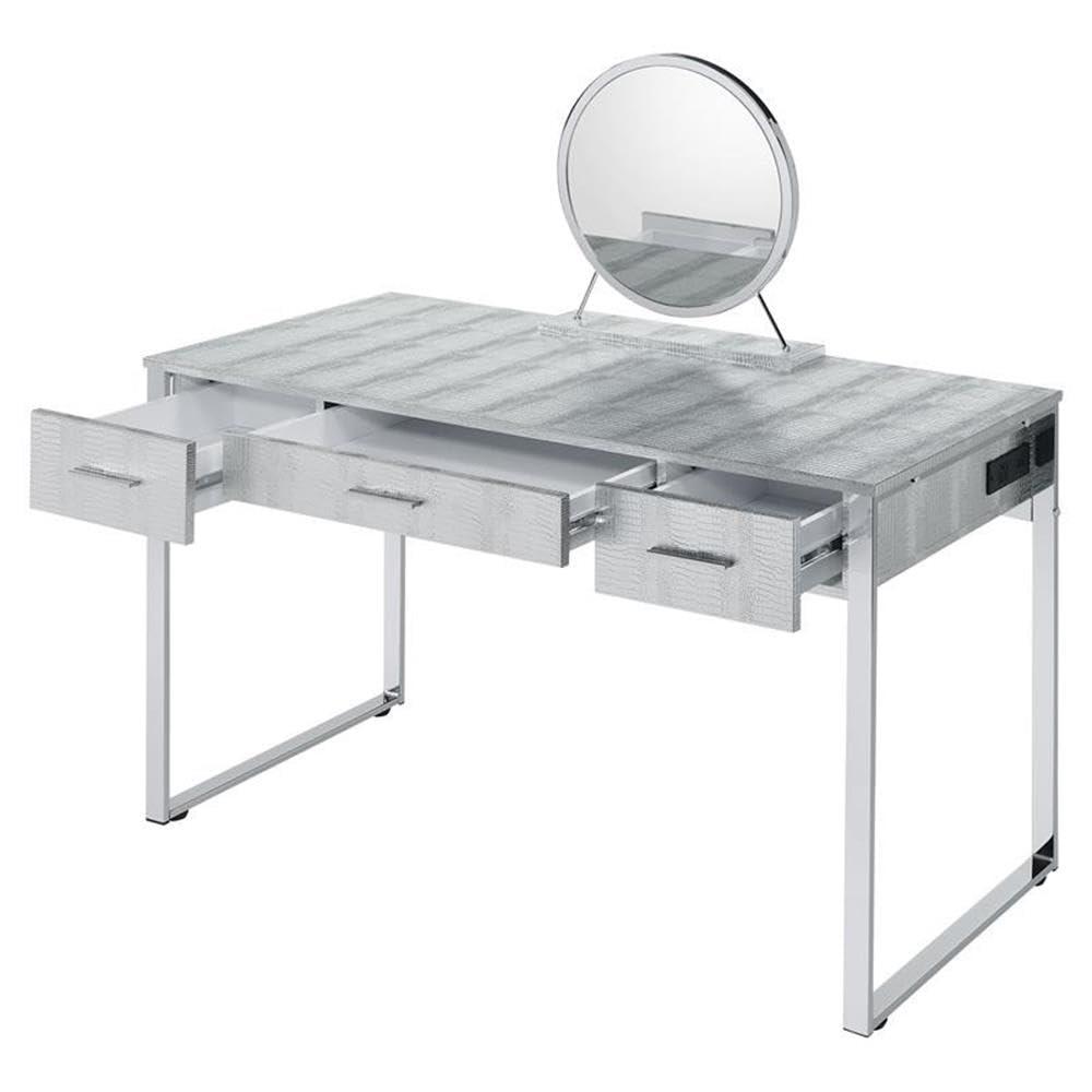 50" Myles Vanity Table Antique White, Chrome Finish - Acme Furniture: Built-in Outlet, USB, Storage