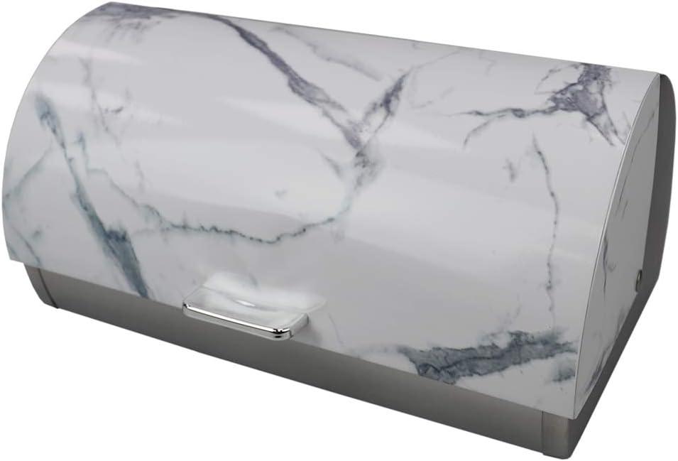 White Marble-Like Steel Bread Box with Roll-Top Lid