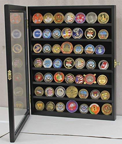 Challenge Coin / Casino Chip Display Case Cabinet Holder Shadow Box, Glass Door, Black (COIN56-BL)