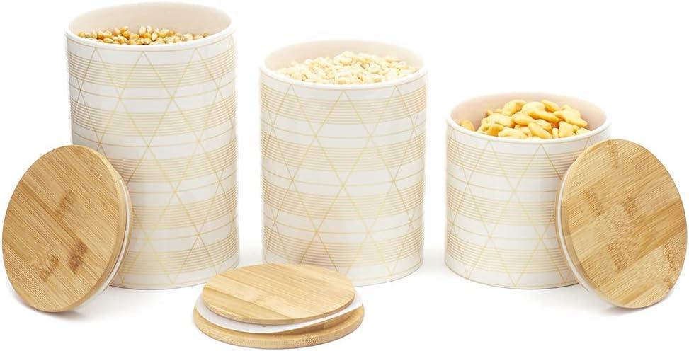 Home Basics 3 Piece Ceramic Canister Set with Bamboo Lids, Diamond White