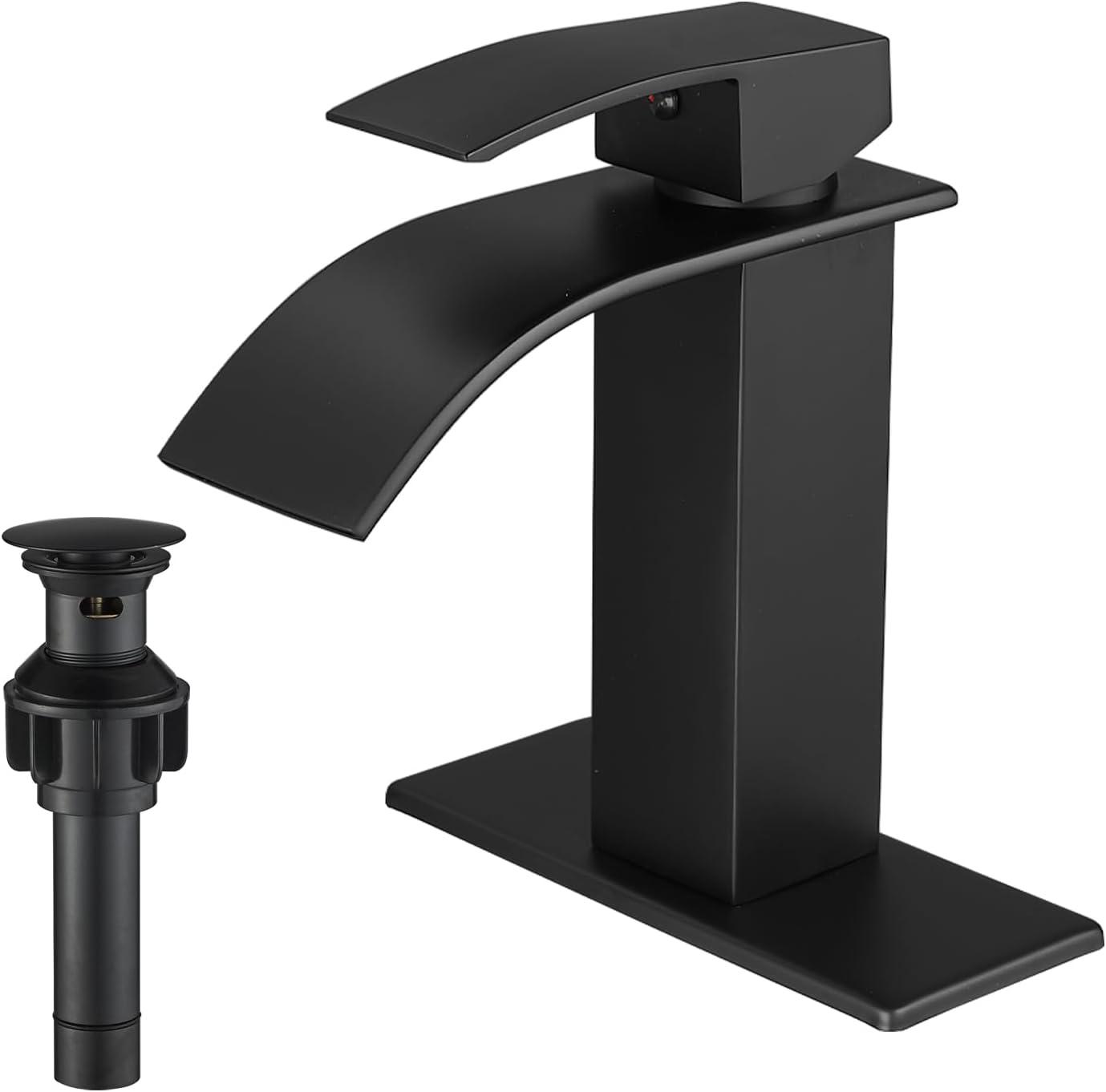 Matte Black Stainless Steel Waterfall Bathroom Faucet with Pop-Up Drain