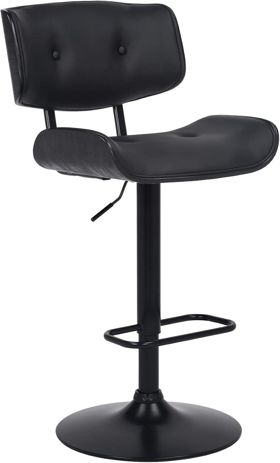 Adjustable Black Tufted Faux Leather and Black Wood Swivel Barstool.