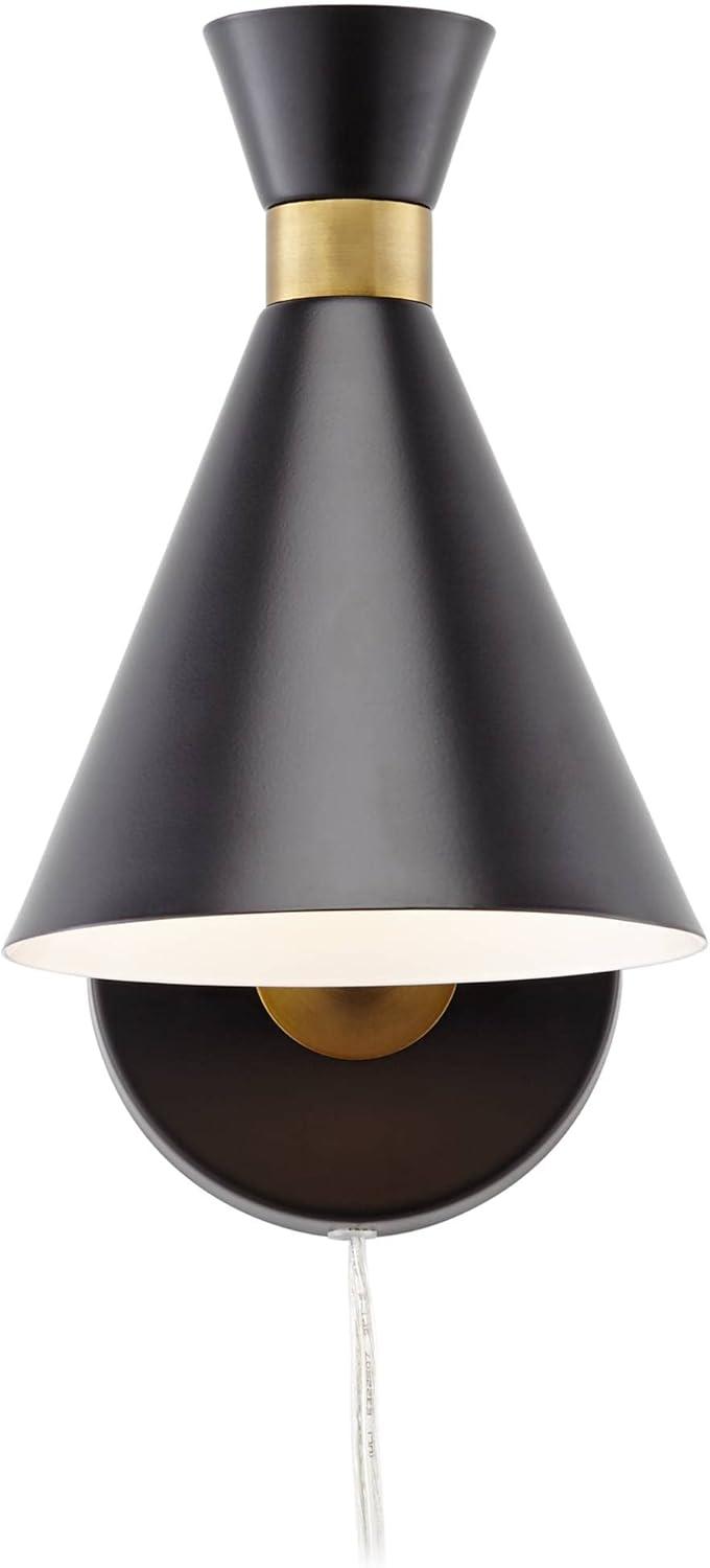 360 Lighting Venice Mid Century Modern Wall Lamps Set of 2 Matte Black Brass Plug-in 6 1/4" Light Fixture Cone Shade for Bedroom Reading Living Room