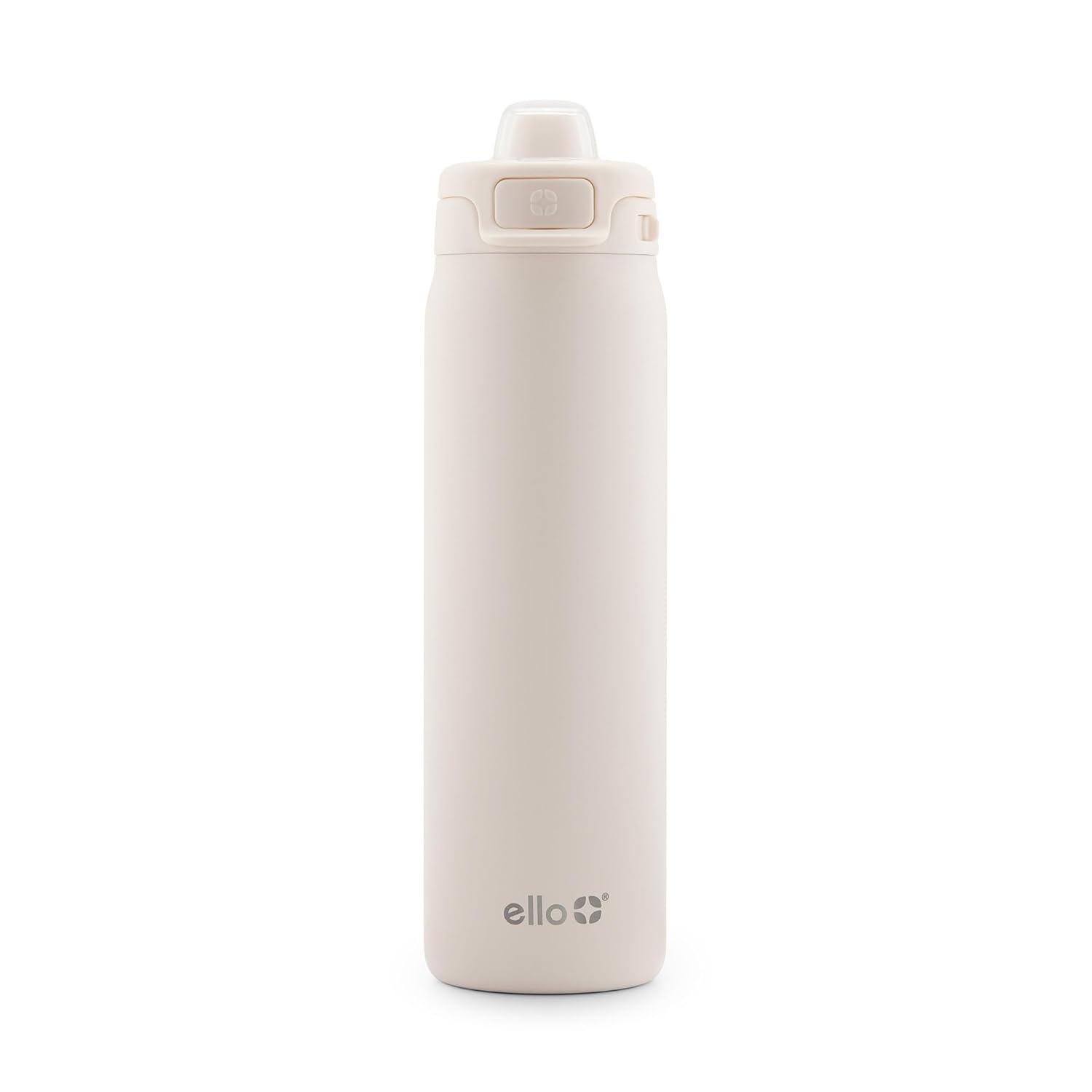 Ello Pop & Fill Stainless Steel Water Bottle with Quick Fill Technology, Double Walled Vacuum Insulated Metal, Leak Proof Locking Lid, Sip & Chug, BPA Free, Holiday Gift, 22oz, Cream