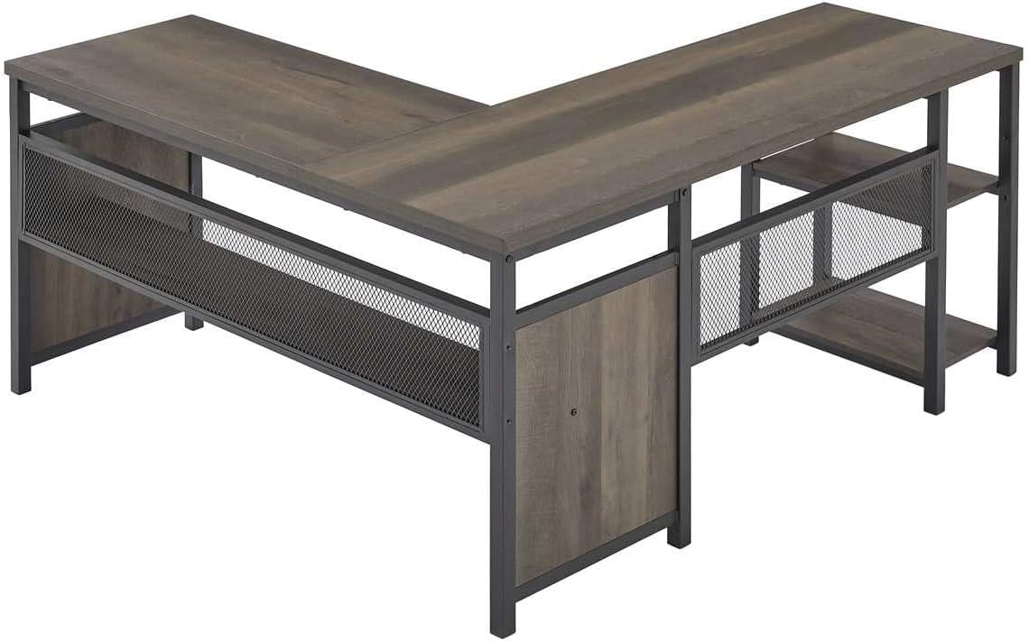 FATORRI L Shaped Computer Desk, Industrial Home Office Desk with Shelves, Reversible Wood and Metal Corner Desk (Walnut Brown, 59 Inch)