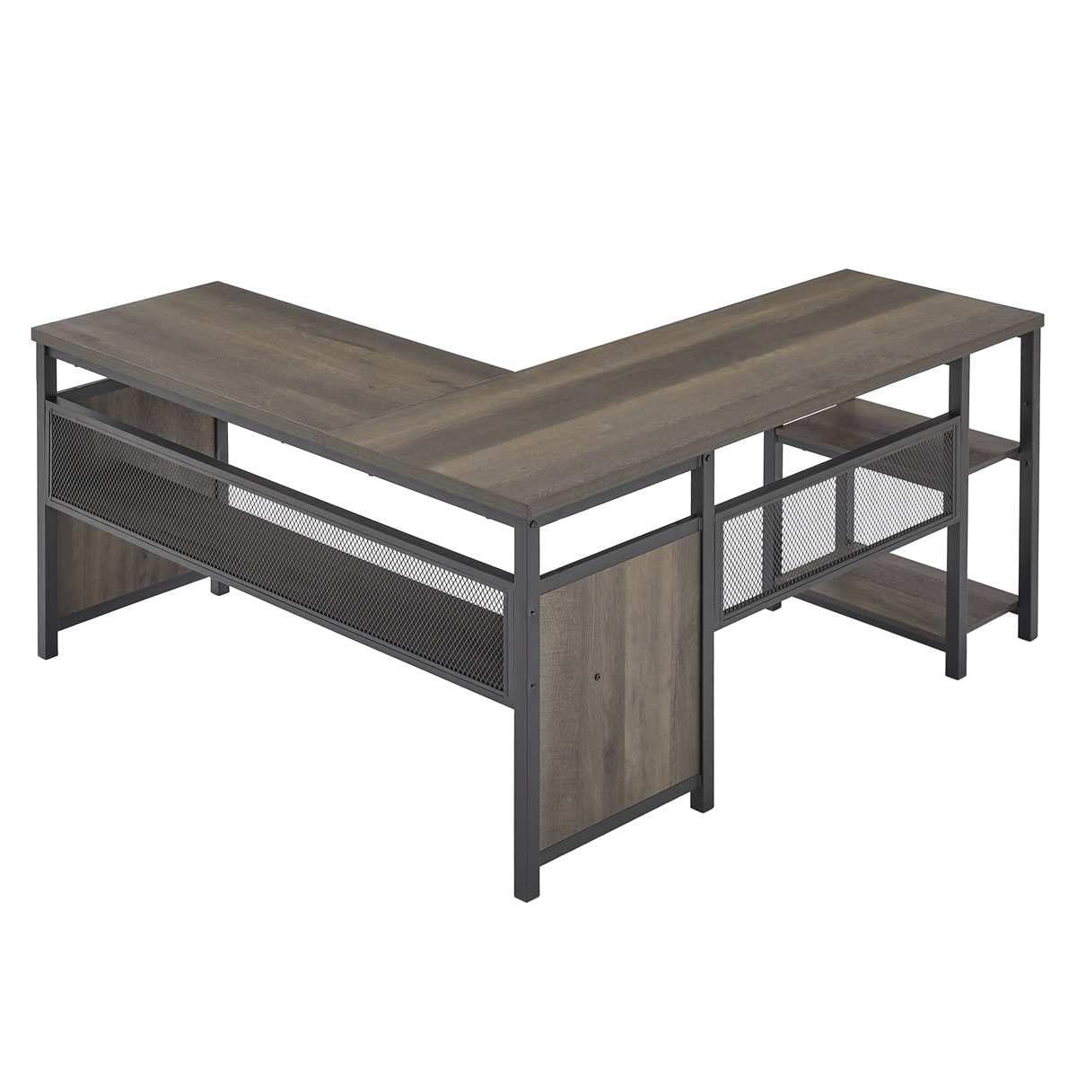 FATORRI L Shaped Desk, Industrial Reversible Home Office Computer Desk with Wood Shelves, Corner Desks with Metal Legs (Walnut Brown, 59 Inch)