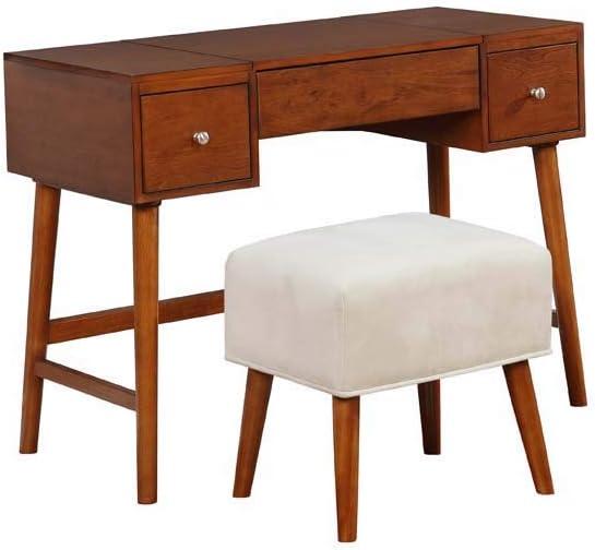 Viola Mid-Century Modern Flip-up Mirror 2 Drawer Vanity and Upholstered Stool Brown - Linon