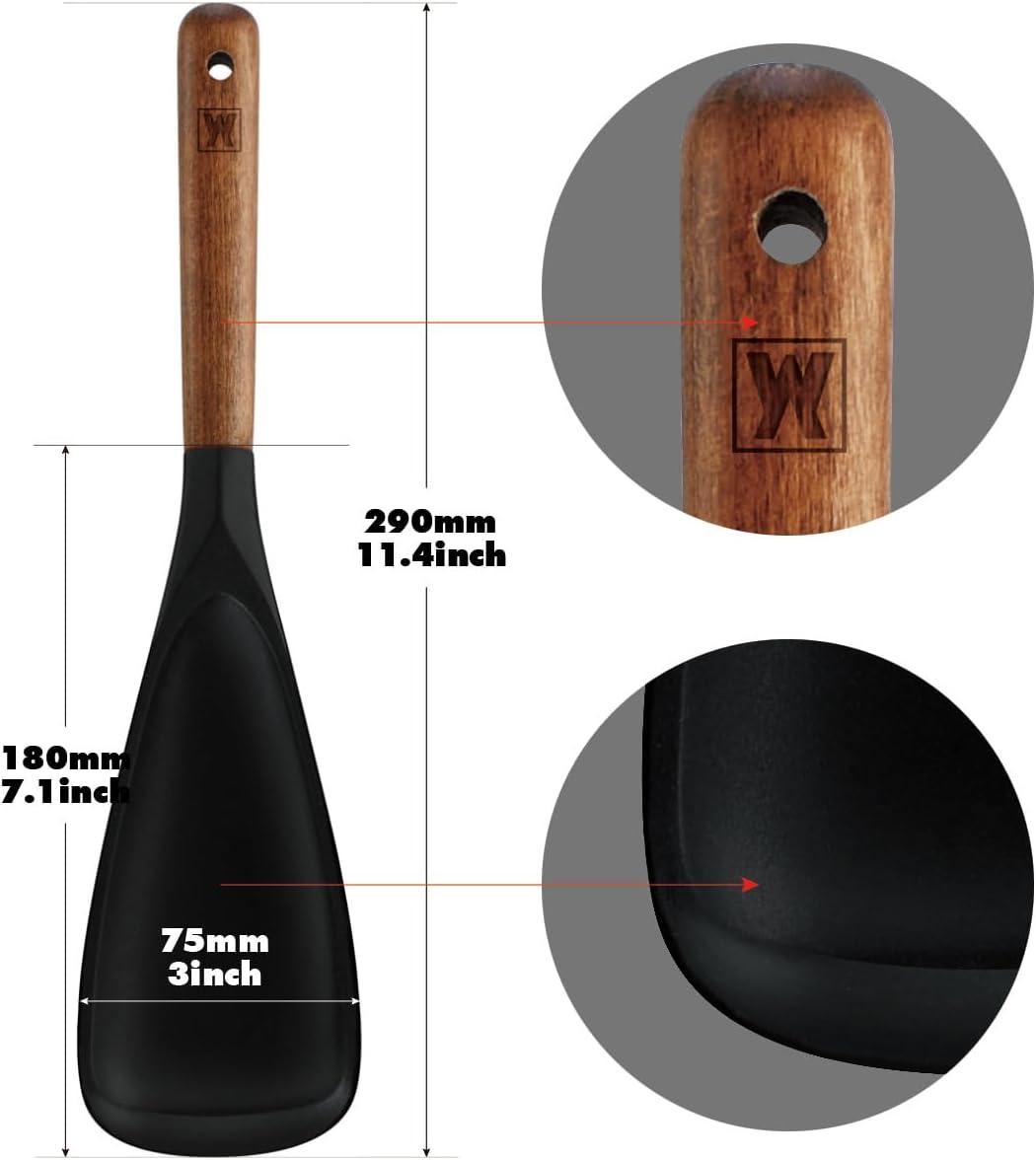 Silicone Head cooking & Serving Spoon + Slotted Spatula Set: Cookling Utensil with Long Wooden Handles, Heat Resistant Cookware, Protects Surfaces with Gentle Head Design