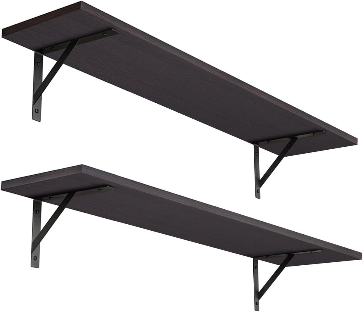 Espresso Wood Floating Wall Shelves with Metal Brackets, 31.5 Inch