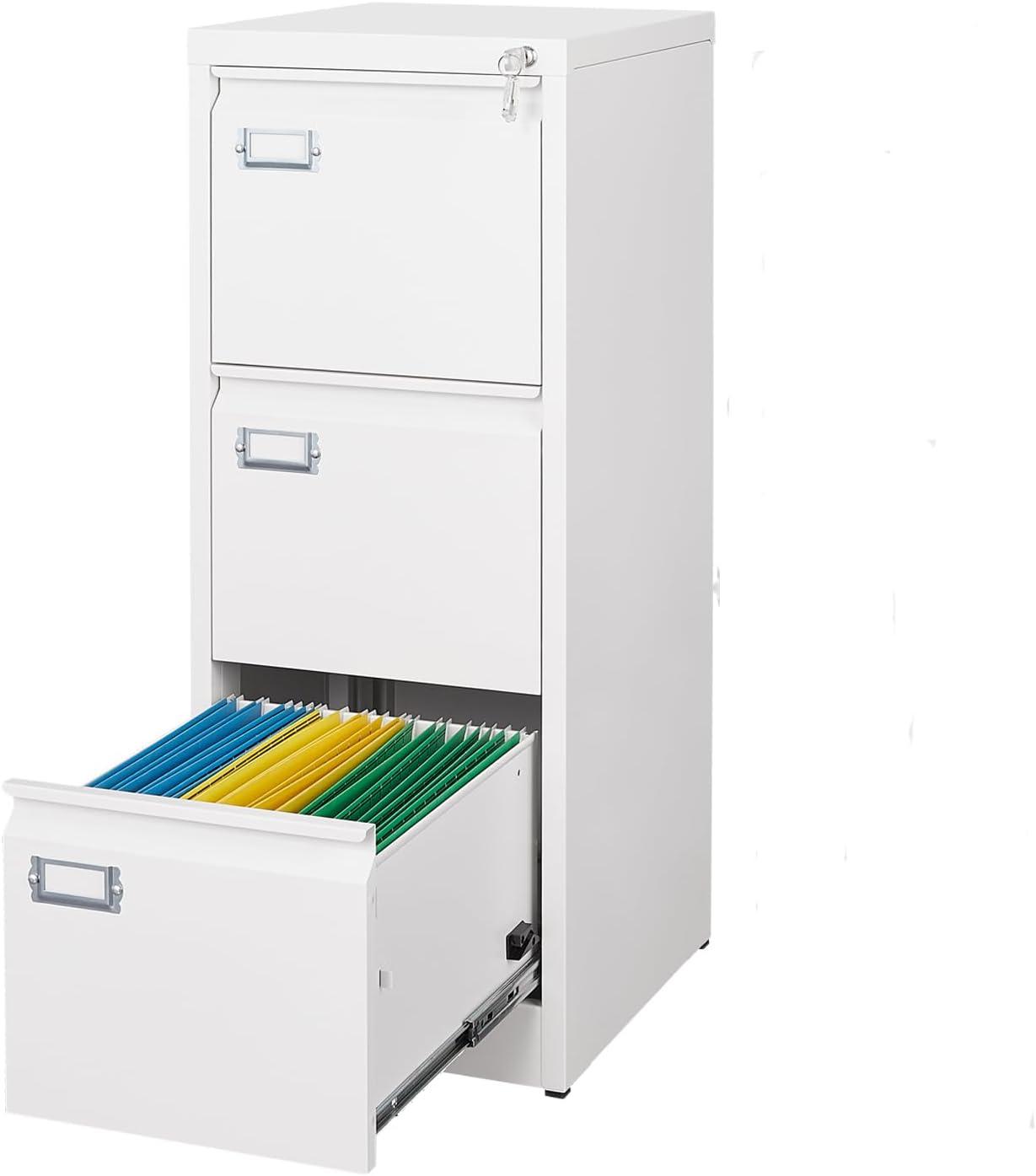 3 Drawers Vertical File Cabinets - 17.8" Deep Lockable Filing Cabinet - White Metal Storage Cabinets for Home Office to Hanging Files Letter/Legal/F4/A4 Size