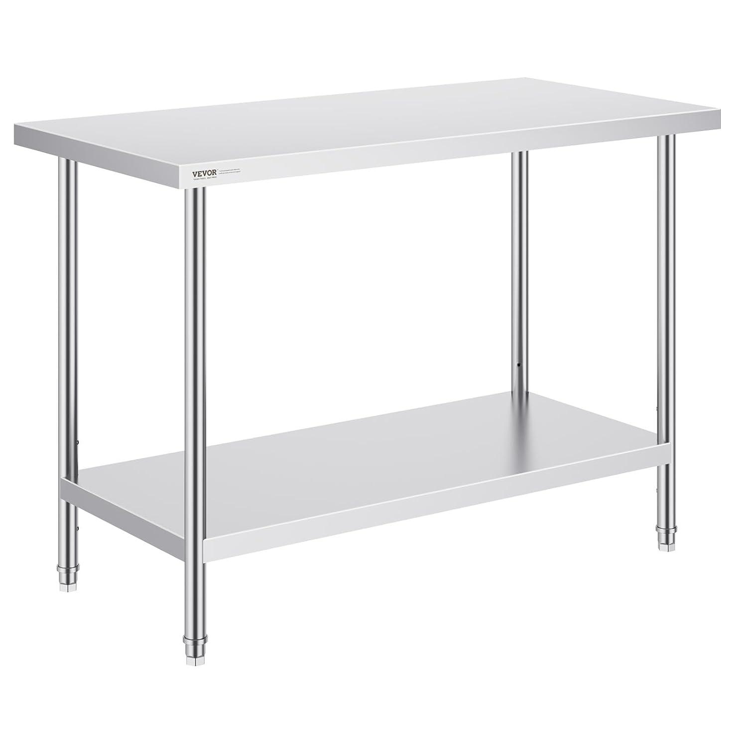 VEVOR Stainless Steel Prep Table, 48 x 24 x 34 Inch, 550lbs Load Capacity Heavy Duty Metal Worktable with Adjustable Undershelf, Commercial Workstation for Kitchen Restaurant Garage Backyard