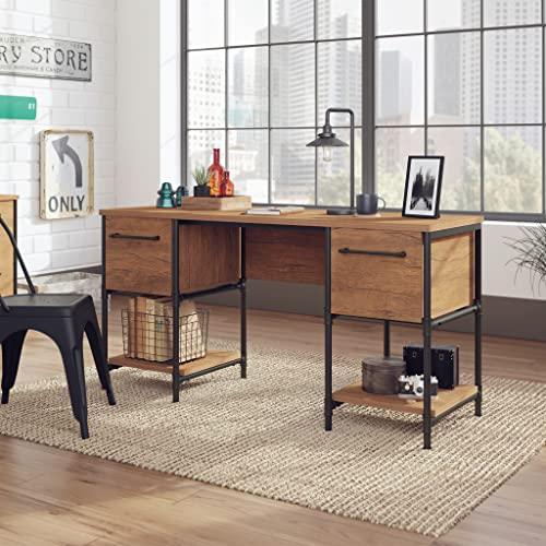 Checked Oak Industrial Double Pedestal Desk with Metal Frame