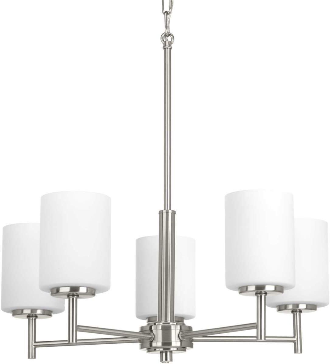 Progress Lighting Replay 5-Light Chandelier, Brushed Nickel, White Glass Shades