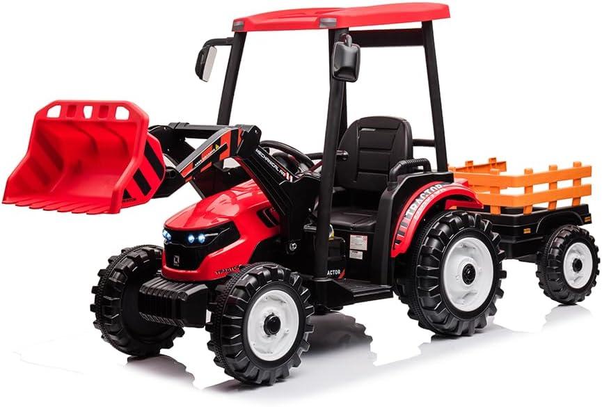 24V Red Ride-On Tractor with Loader and Trailer