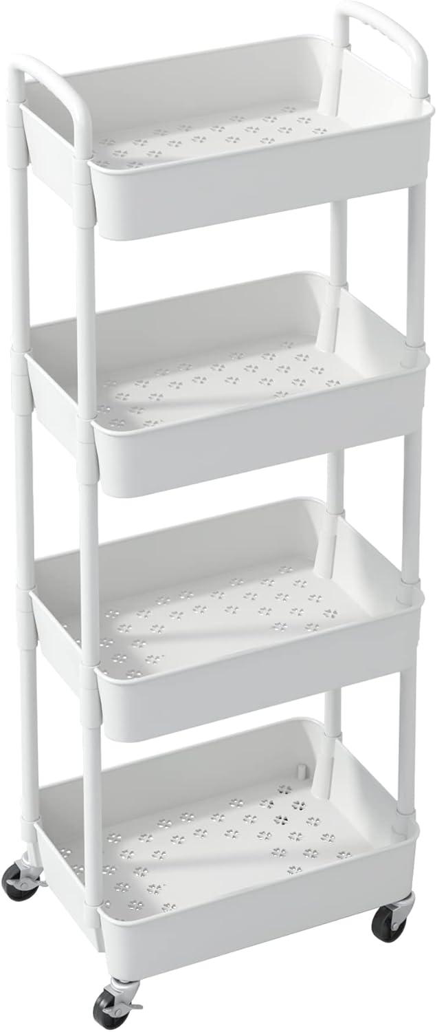 White 4-Tier Plastic Rolling Kitchen Storage Cart with Handle