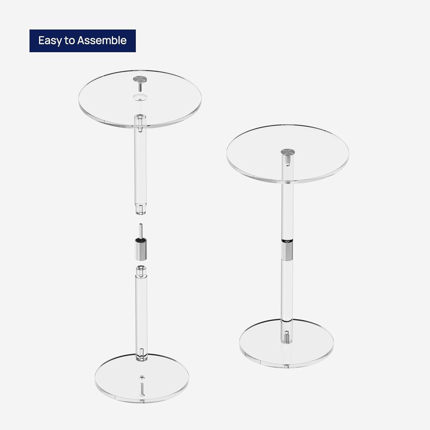 Acrylic End Table, Clear Side Tables for Small Space, 9.8" Round Modern Drink Table for Living Room, Bedroom, Bathroom, Office, Outdoor, Business, Sturdy and Easy to Install