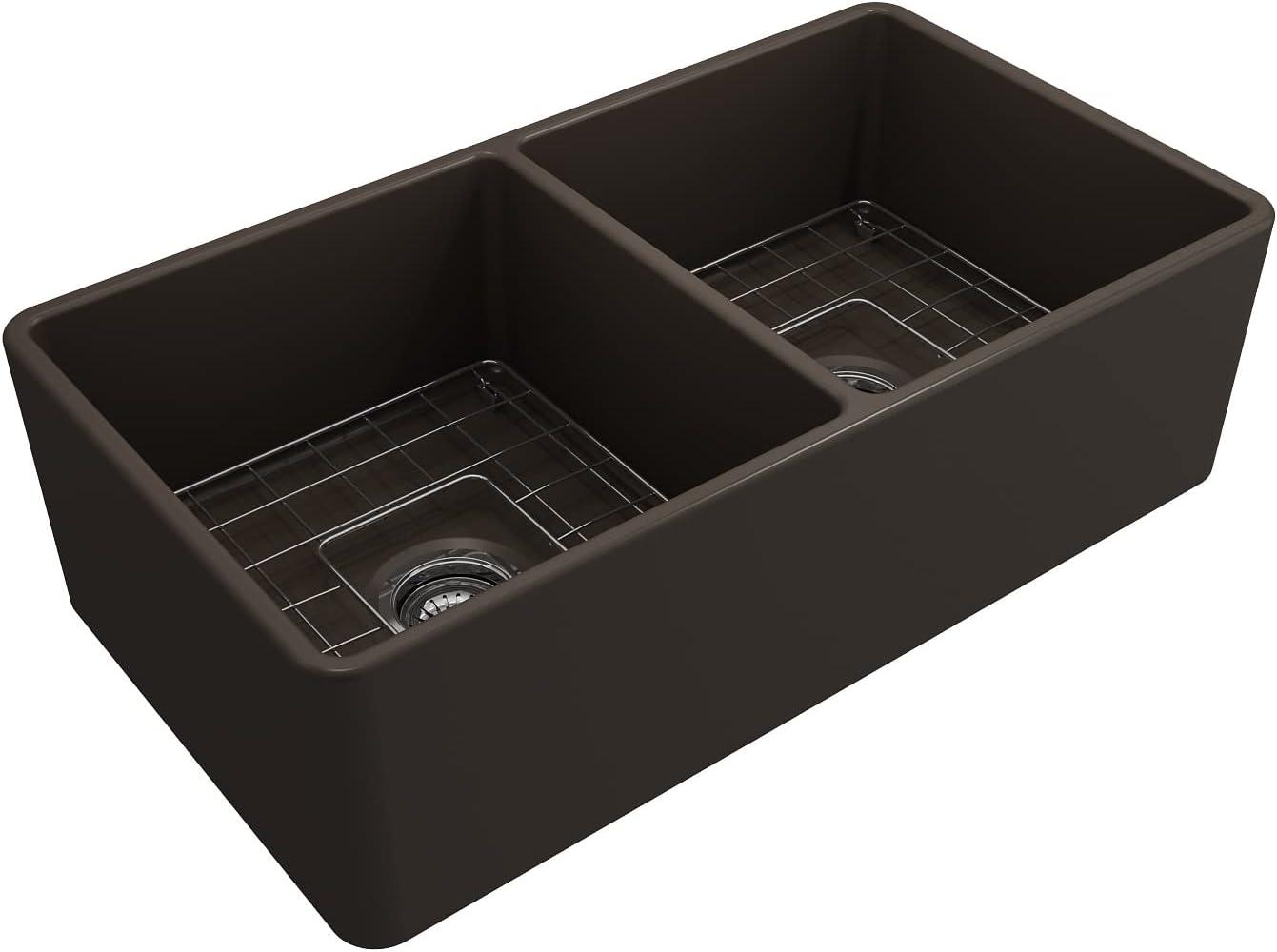 Matte Gray Fireclay Double Bowl Farmhouse Kitchen Sink