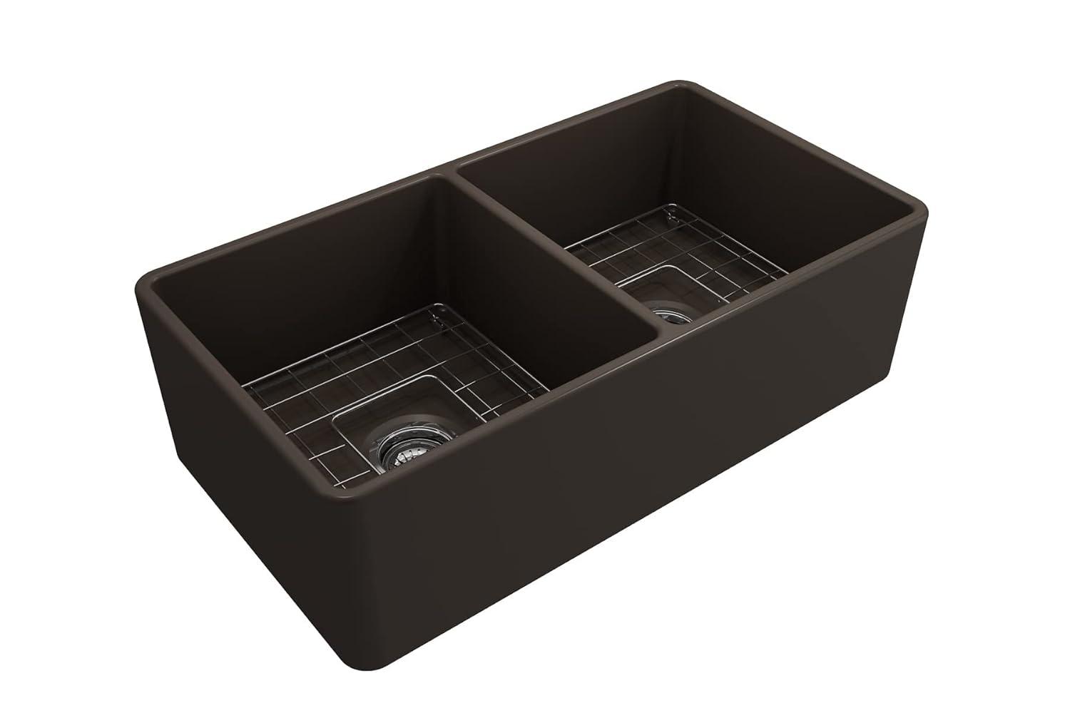 Matte Gray Fireclay Double Bowl Farmhouse Kitchen Sink