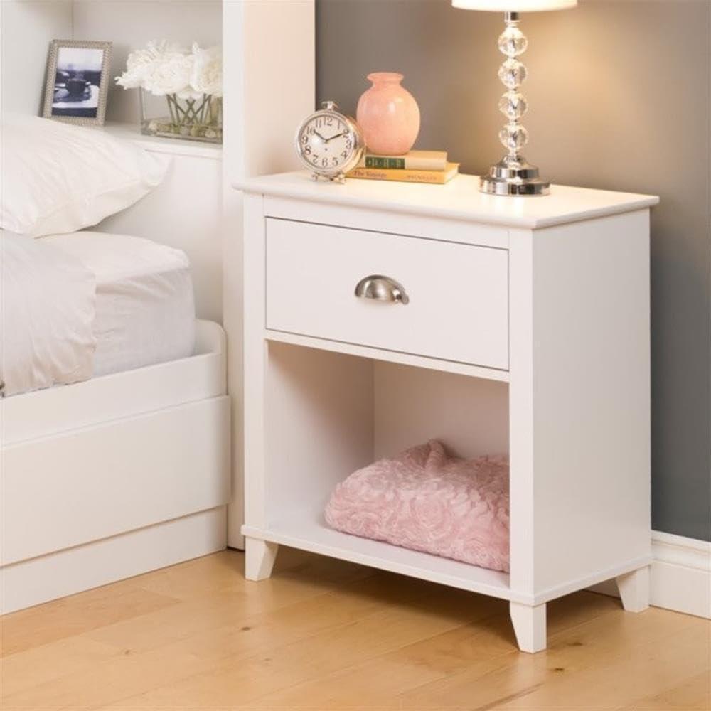 Yaletown Nightstand - White - Prepac: 1-Drawer, Open Cubby, Tapered Wood Legs, 28" Height