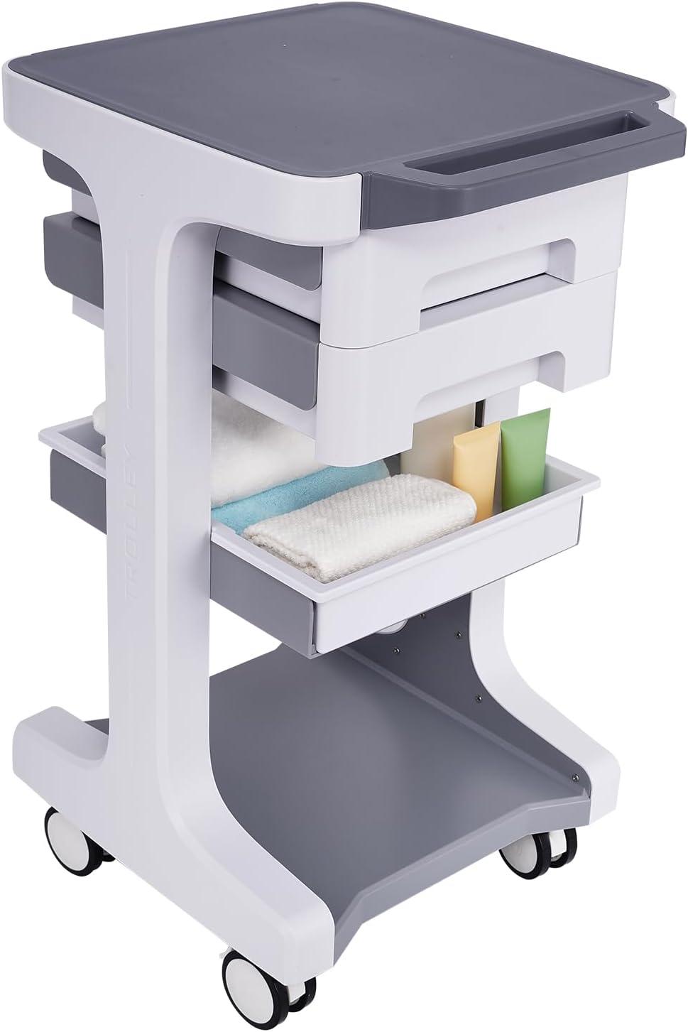 Professional-Grade 3-Tier 2-Drawer Utility Cart on Wheels - Trolley Cart 3-Tier 2 Drawers & Utility Desk - Mobile Storage Cart, Cavitation Machine, Salon Supplies - Max 50kg/110lb Load