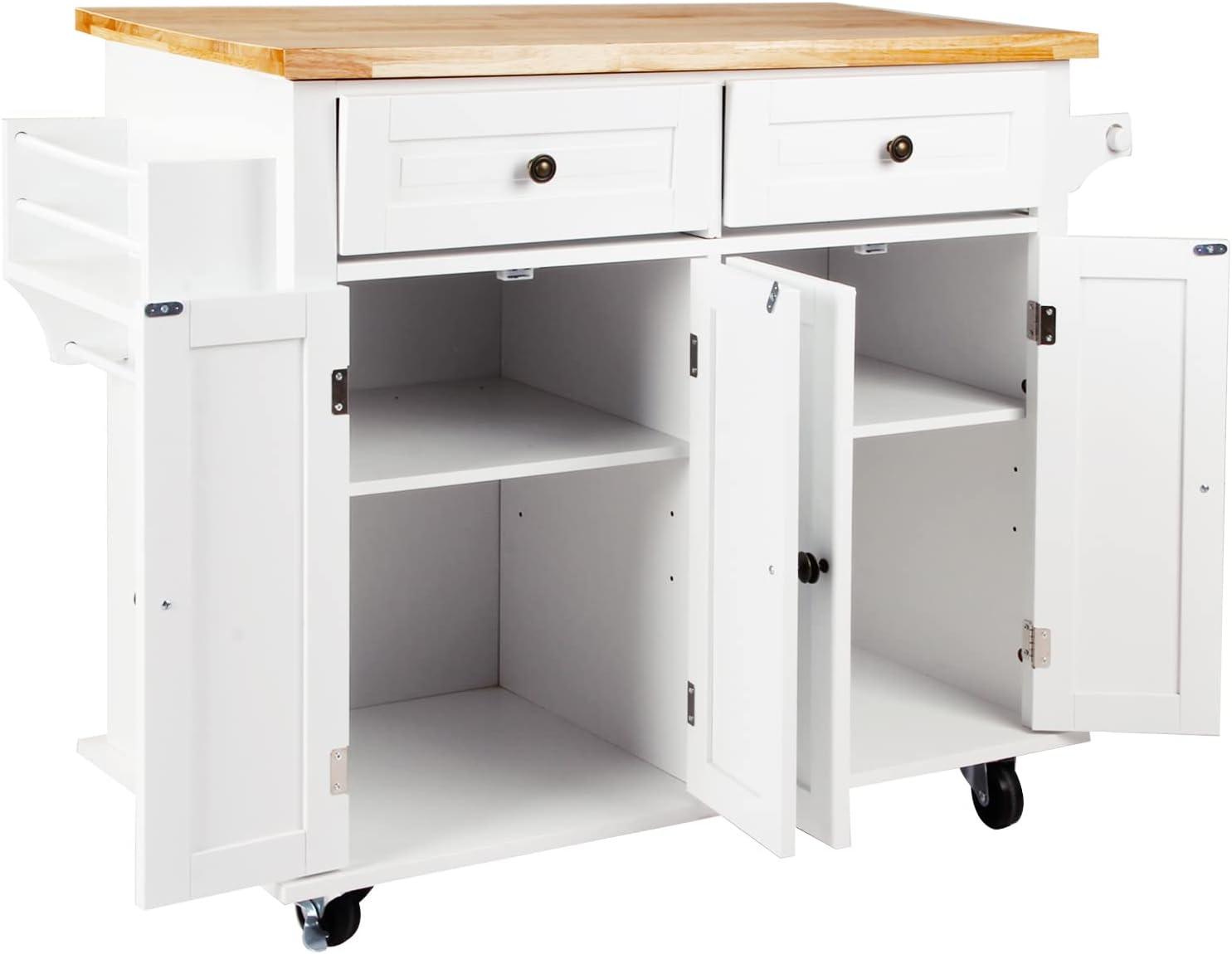 White and Maple Wood Kitchen Cart with Spice Rack and Storage