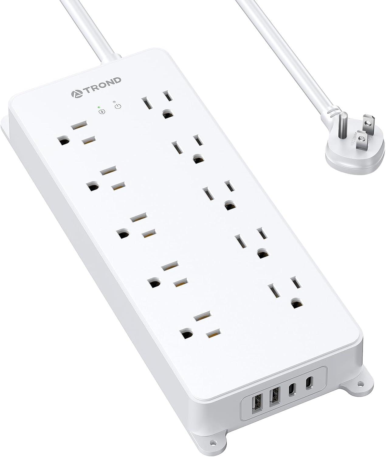 TROND Surge Protector Power Strip, 4000J, ETL Listed, 10 Widely Spaced Outlets, 2 USB C and 2 USB A Ports, Flat Plug 5ft Extension Cord, Wall Mountable, Under Desk Power Strip for Home Office, White