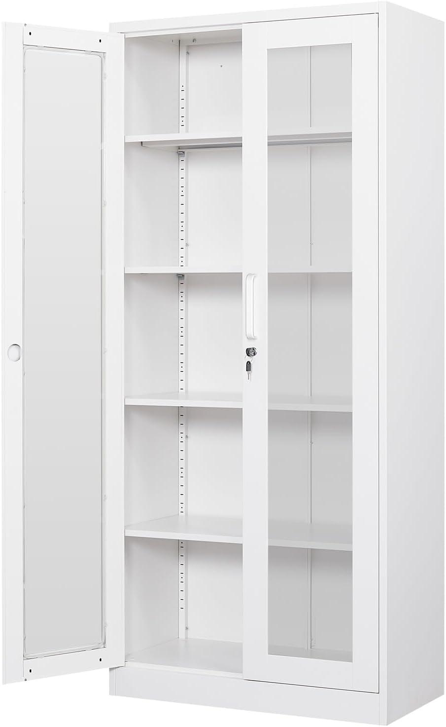 Display Cabinet With Glass Doors, Curio Cabinets With 4 Adjustable Shelves, Locking Glass Cabinet Display Case For Home, Office, Clinic, Pantry, Assemble Required