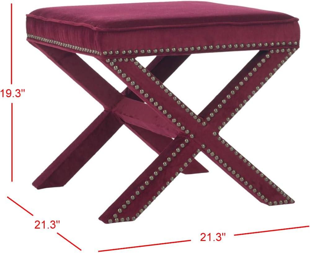 Palmer Ottoman with Brass Nail Heads - Red Velvet - Safavieh