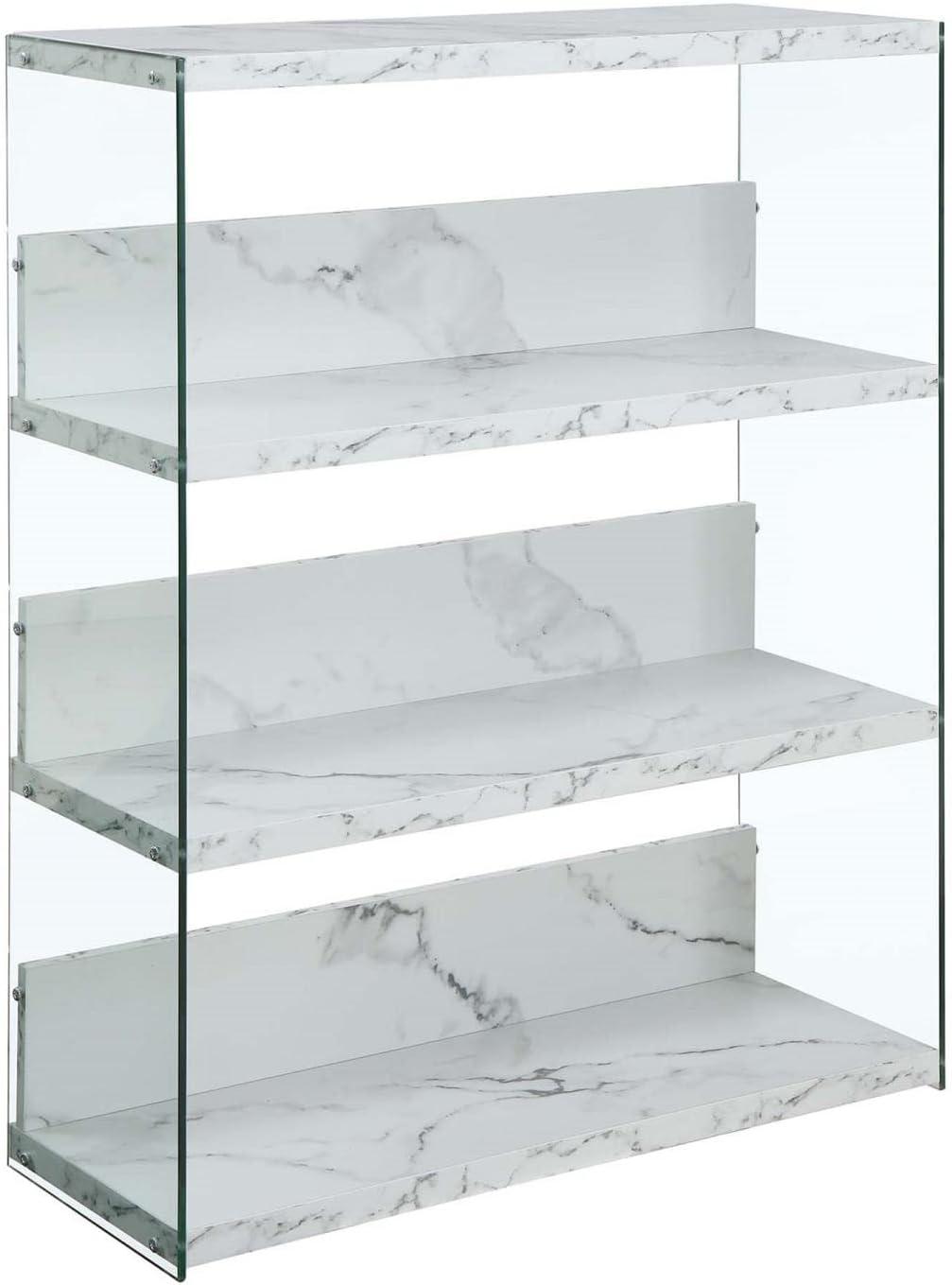 Convenience Concepts SoHo 4 Tier Glass Wide Bookcase, White Faux Marble/Glass