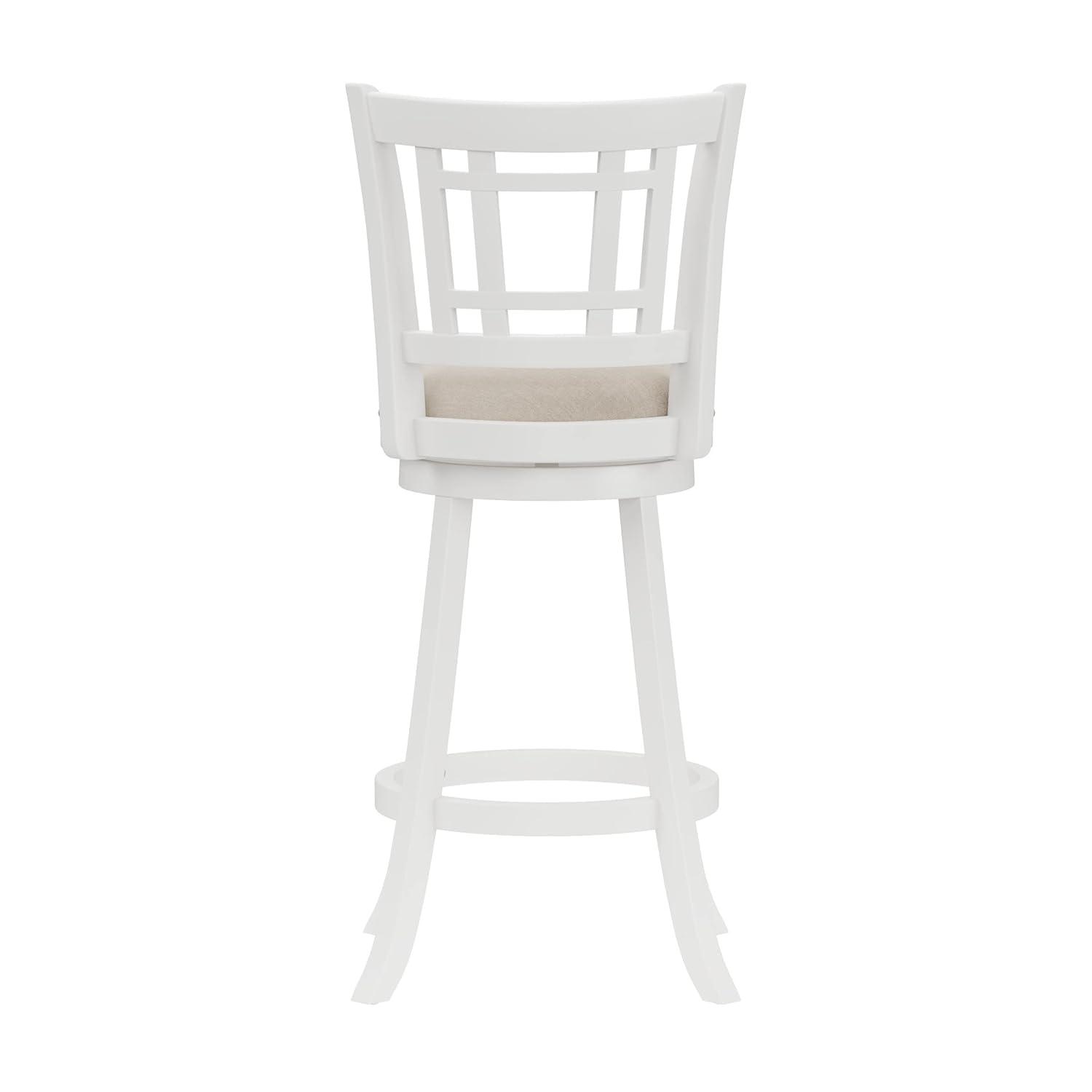 Elegant White Swivel Bar Stool with Beige Fabric Seat and Wood Accents