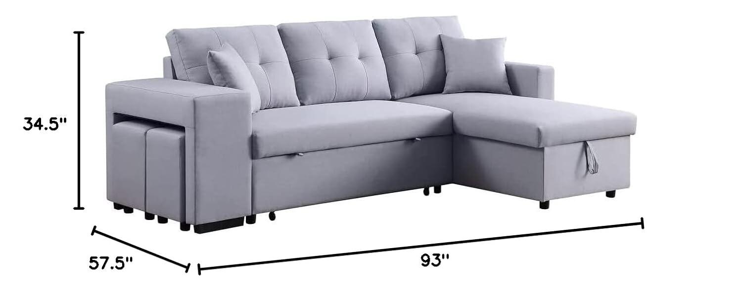 Lilola Home Linen Reversible Sleeper Sectional Sofa with Chaise Stools, Gray