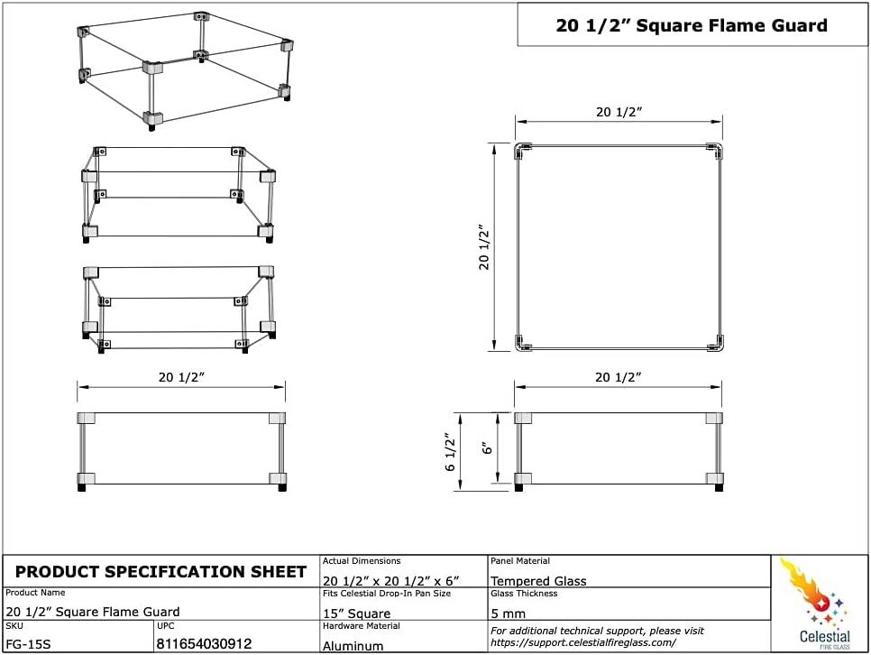 Celestial Fire Glass Square Fire Pit Wind Guard