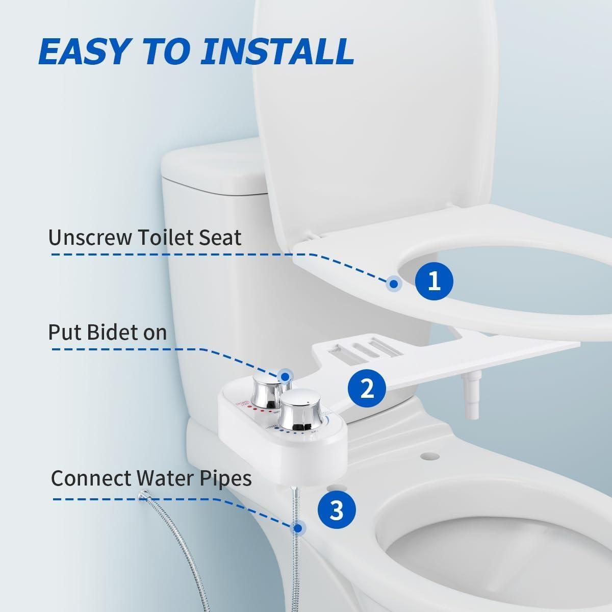 Hot and Cold Bidet Attachment for Toilet, Ultra-Slim Bidet Attachment Warm Water, Non-Electric Adjustable Pressure Self Cleaning Sprayer Nozzle Control for Posterior, Feminine Wash (Chrome)