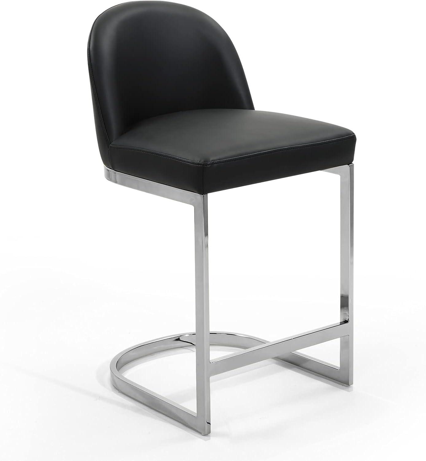 Xander Counter Stool Chair PU Leather Upholstered Armless Design Half-Moon Chrome Plated Solid Metal U-Shaped Base Modern Contemporary, Black