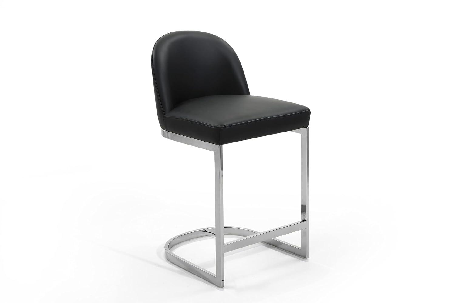 Xander Counter Stool Chair PU Leather Upholstered Armless Design Half-Moon Chrome Plated Solid Metal U-Shaped Base Modern Contemporary, Black