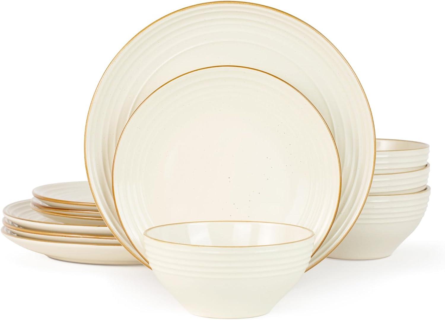 Famiware Jupiter 12 Piece Stoneware Dinnerware Set, Plates and Bowls Set for 4, Vanilla White