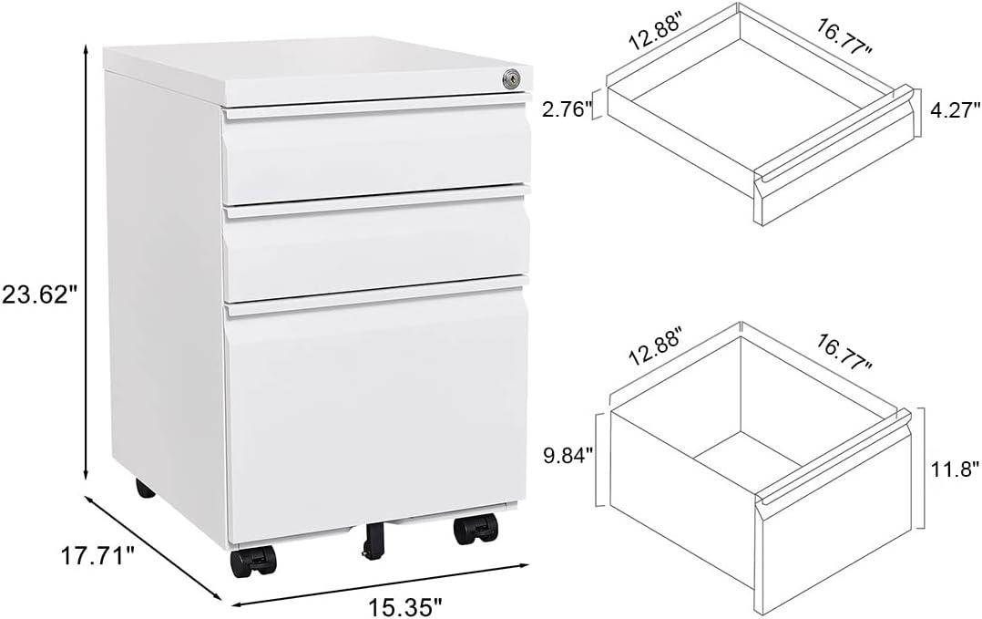 3 Drawer Mobile File Cabinet, Metal Filing Cabinets with Lock Wheels Under Desk, Lockable Rolling File Cabinet for Home Office, Fit Letter/Legal/A4 Size (White)