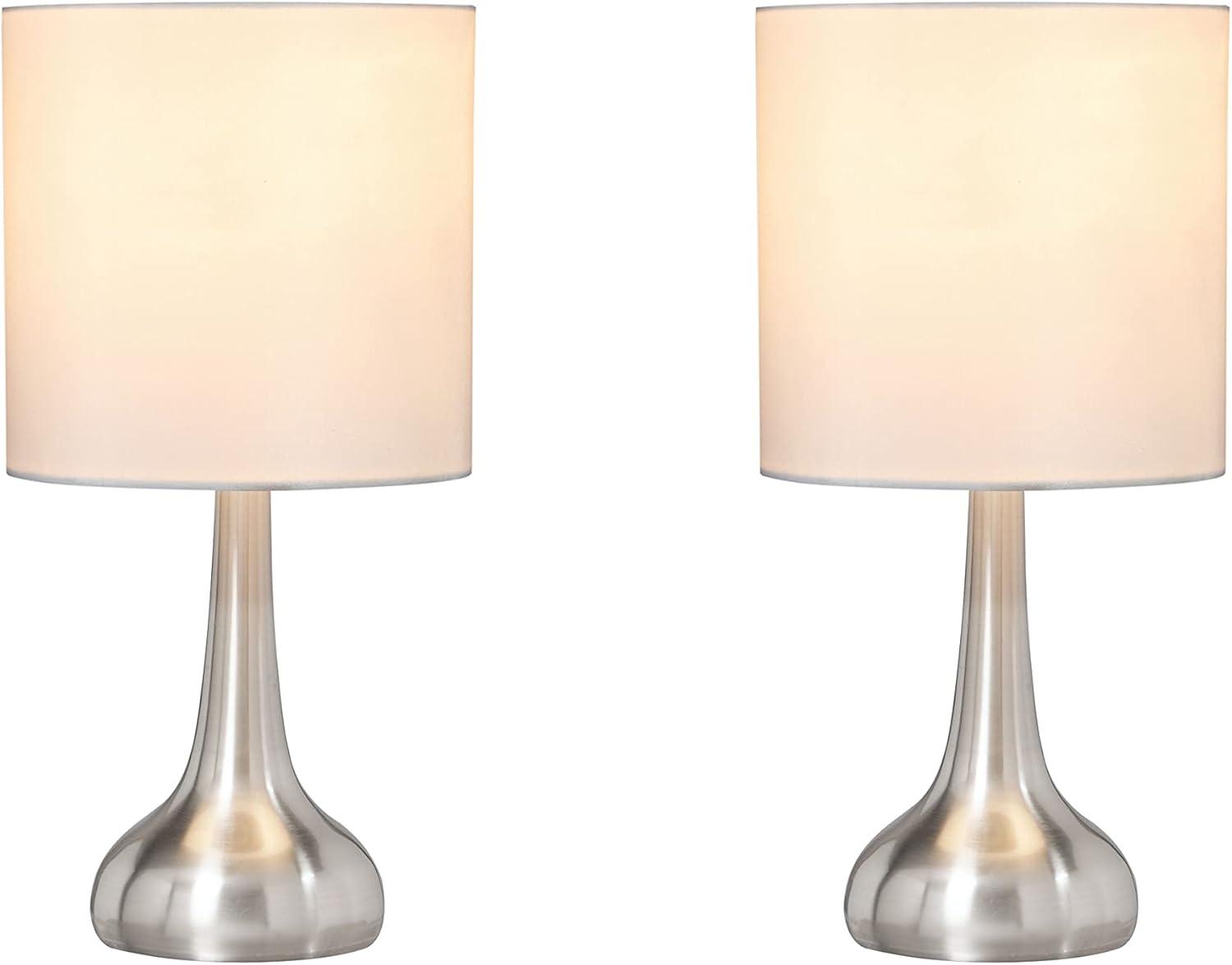 Aspen Creative 40231-12, Two Pack - 14-1/2" High Transitional Metal Table Lamp, Satin Nickel Finish and Drum Shaped Lamp Shade in Off White, 7" Wide
