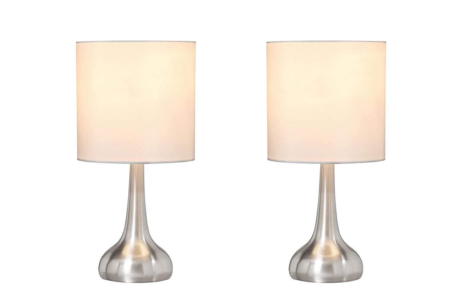 Aspen Creative 40231-12, Two Pack - 14-1/2" High Transitional Metal Table Lamp, Satin Nickel Finish and Drum Shaped Lamp Shade in Off White, 7" Wide