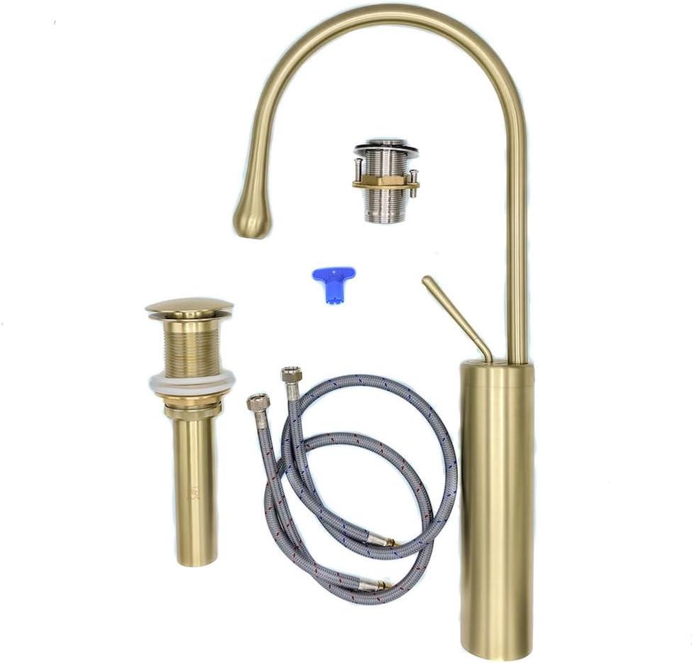 Brushed Gold Tall Brass Bathroom Faucet with Pop-Up Drain