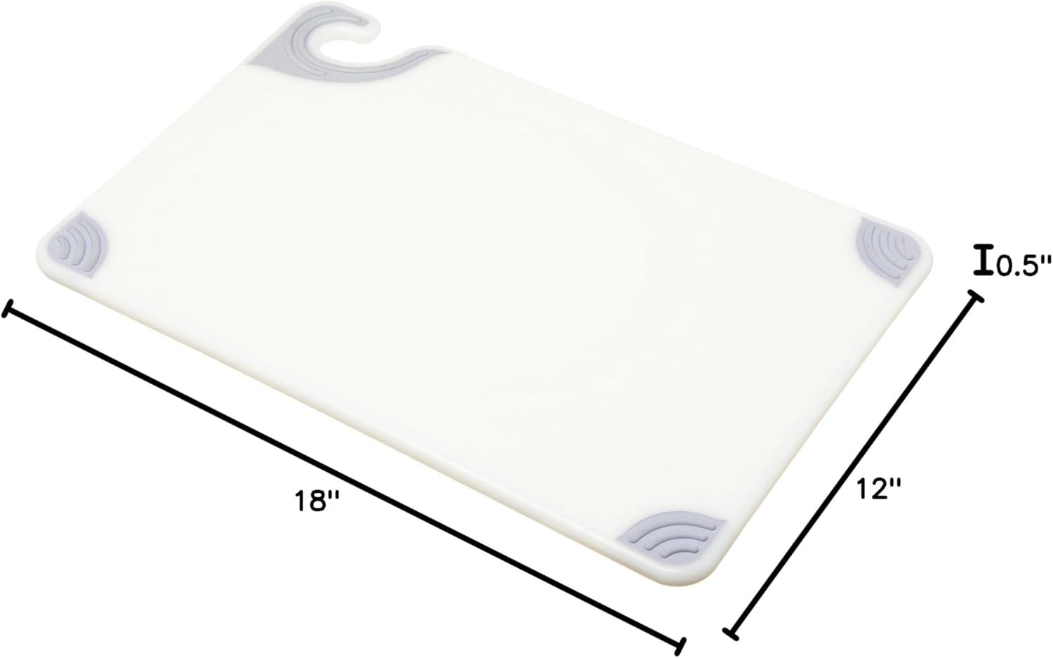 San Jamar Cutting Board with Cut-N-Carry Hook, Grip Corners, and Integrated Ruler - Co-Polymer, White Plastic Chopping Board, 12x18