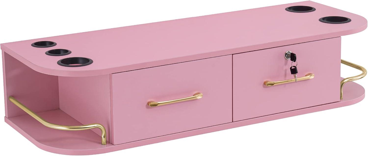 Pink Particle Board Wall Mount Styling Station with Gold Accents