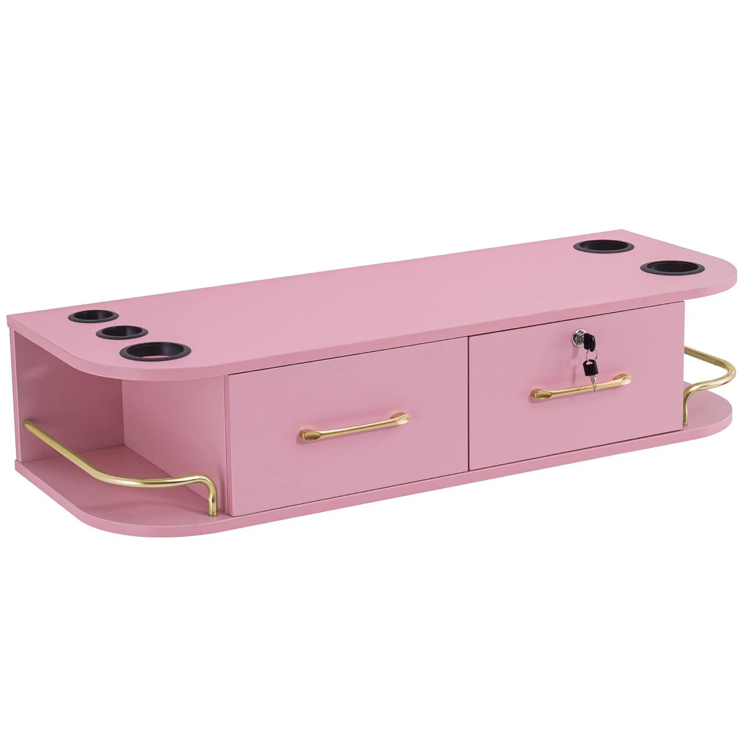 Pink Particle Board Wall Mount Styling Station with Gold Accents