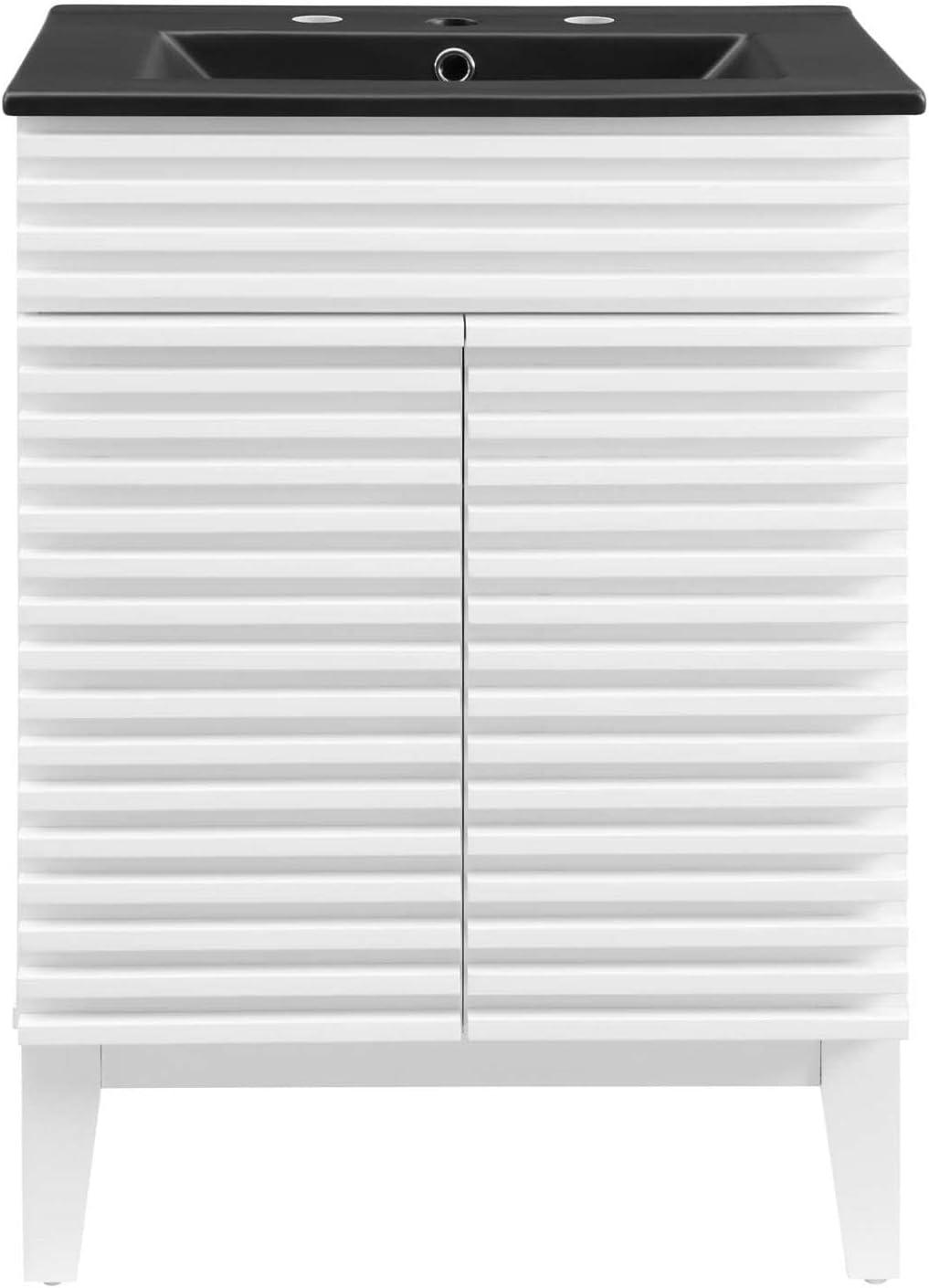 Modway 24 Inch Modern White Black Wood Bathroom Vanity with Sink and Floor Cabinet