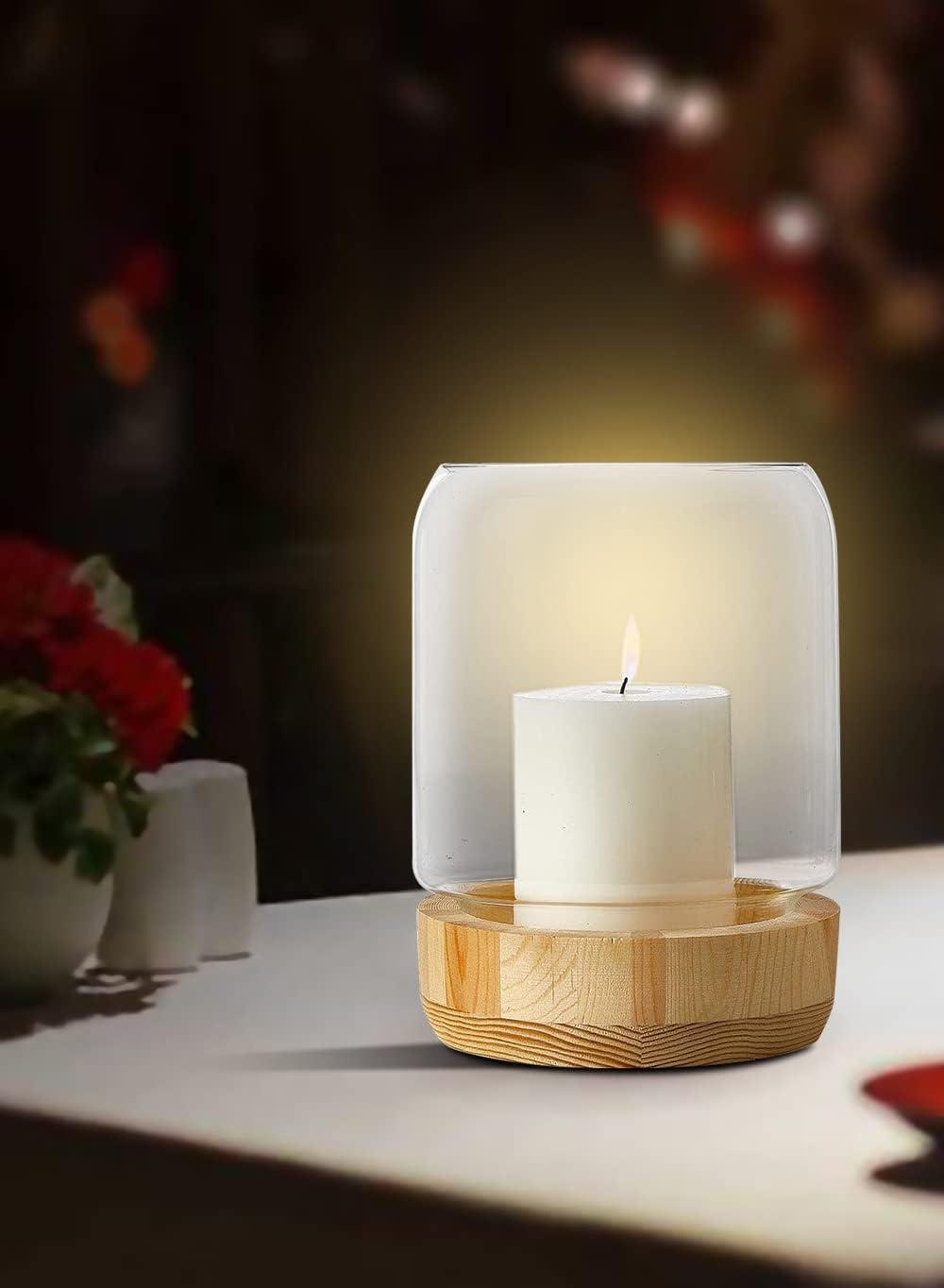 Serene Spaces Living Large Glass Candle Holder Hurricane with Wood Base, Decorative Accent for Wedding, Party, Event, Home Decor, Measures 8" Tall and 6" Diameter