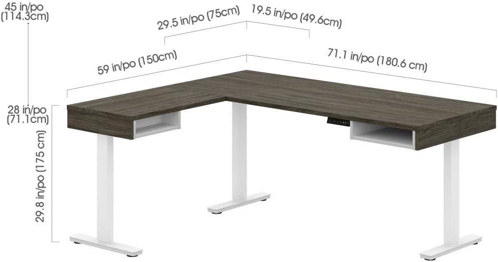 Bestar Pro-Vega L Shaped Adjustable Standing Desk in Walnut Gray and White
