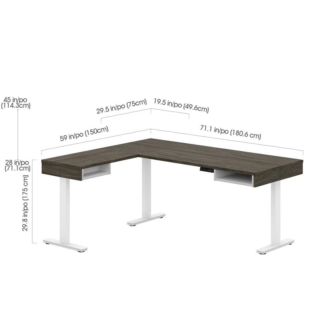 Bestar Pro-Vega L Shaped Adjustable Standing Desk in Walnut Gray and White