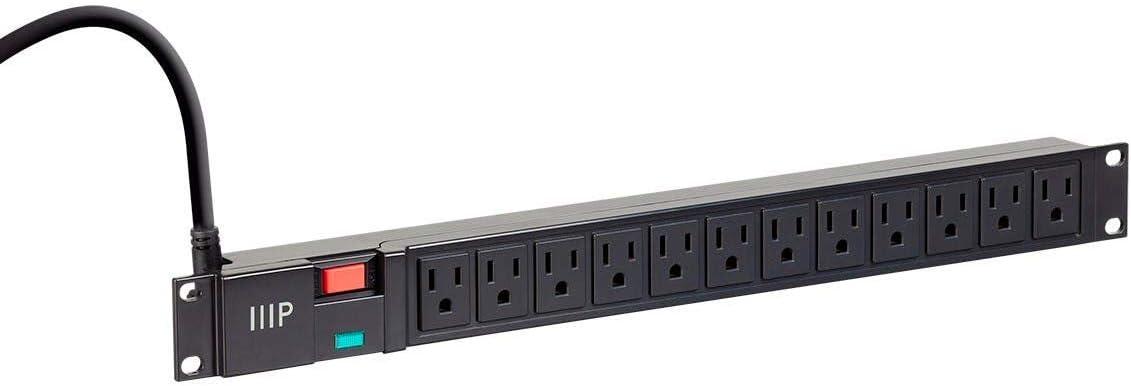 Monoprice 12 Outlet ABS Basic 1U Rackmount Power Distribution Unit - 6 Feet Cord - Black | NEMA 5-15R Surge-Protected Socket Outlets, 1050 Joules